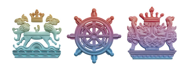 Colorful Crest Designs with Crown, Wheel, and Mythical Creatures