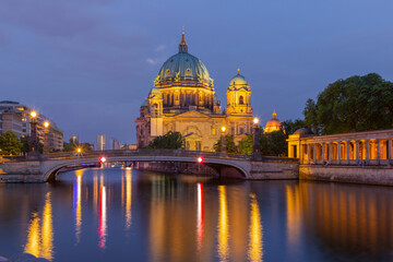 Fototapeta premium Berlin Cathedral and Spree river reflections in Berlin Germany at night