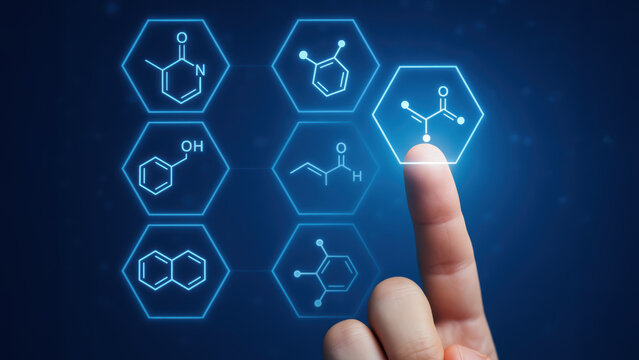 New drug discovery concept with chemical structure selection in universe of pharmaceutical research and innovation