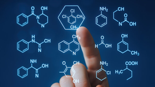 New drug discovery concept with chemical formulas and molecular structures futuristic universe background showing scientific innovation