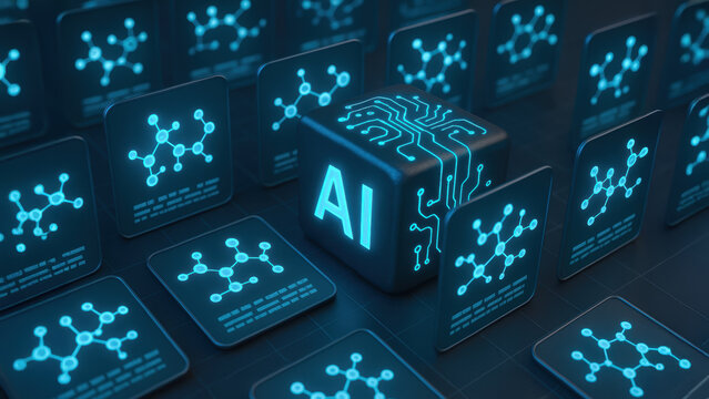 Artificial intelligence cube surrounded by molecular structures represents new drug discovery in universe of science and technology