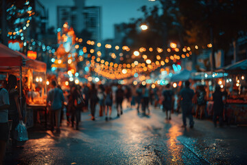 blur bokeh night festival warm light cool chill party in walking street.