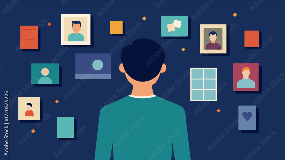 Aufkleber a person standing in front of a memory wall filled with photos and mementos from their past as they 