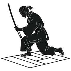 Samurai kneeling on mat silhouette