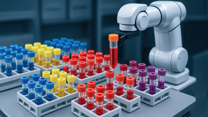 Obraz premium New drug research in laboratory universe with robotic arm handling test tube filled with red liquid for advanced medical study