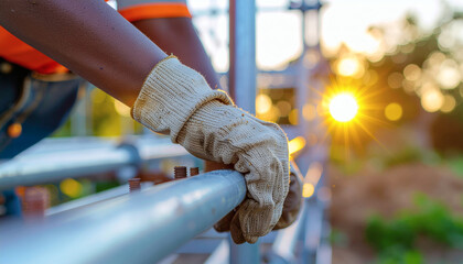 Construction worker handling scaffolding urban site action shot sunset environment close-up viewpoint hard work concept
