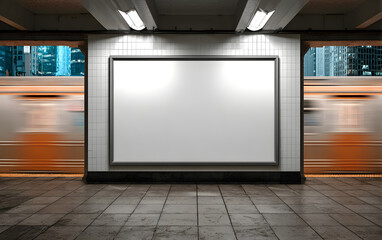 Blank billboard in subway station with blurred train passing, perfect for advertising and marketing visuals