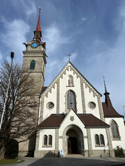 Naklejka premium Catholic Church of St. Peter and Paul, Oberägeri - Canton of Zug, Switzerland (Katholische Kirche St. Peter und Paul, Oberägeri - Kanton Zug, Schweiz)
