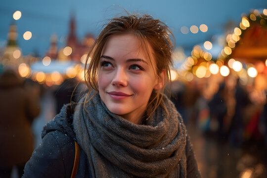 Girl walking on Christmas Market on Red Square in Moscow - Powered by Adobe
