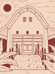 Stylized vintage illustration of a barn under a solar eclipse, combining dramatic perspective, mystery, and architectural charm.