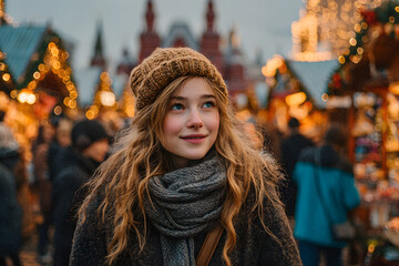 Girl walking on Christmas Market on Red Square in Moscow