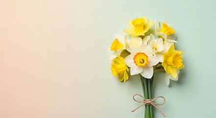A bouquet of daffodils, in shades of yellow and white, sits atop a pale mint green background, evoking a spring-like mood.