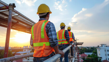 Construction workers engaged in site preparation at sunset urban environment photography industrial viewpoint teamwork concept