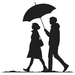 Couple walking under umbrella silhouette