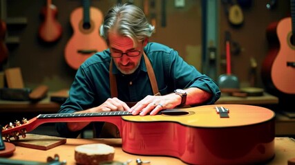 Skilled artisan meticulously crafting an acoustic guitar in a cozy workshop filled with wooden instruments