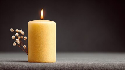 A candle is lit and surrounded by flowers