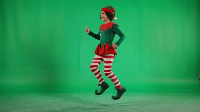 Child dressed as an elf dances in front of a green screen in a christmas themed performance christmas elves green screen video