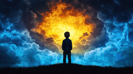 Fototapeta premium A young child stands on a hilltop gazing at a dramatic sky filled with vibrant colors and clouds, symbolizing wonder and imagination in nature's beauty