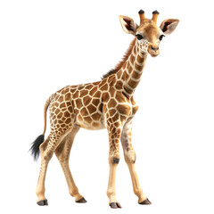 Obraz premium Young giraffe with distinctive brown and cutout png white spotted pattern standing isolated on a transparent background