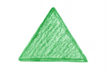 Green hand-drawn crayon triangle shape isolated, representing childhood, education, and creative art design elements