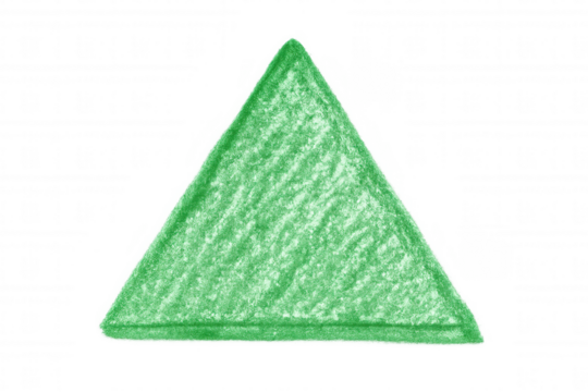 Green hand-drawn crayon triangle shape isolated, representing childhood, education, and creative art design elements
