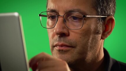 Man in glasses looking at a screen with a green background. - Powered by Adobe