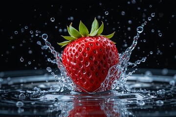 Fresh Strawberry Splashing into Water on Dark Background