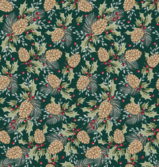 Seamless Christmas Greenery With Pine Cone And Holly Leaves On Dark Green Background