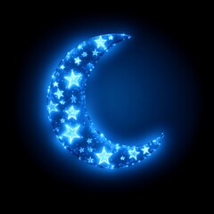 Glowing blue crescent moon adorned with many small stars