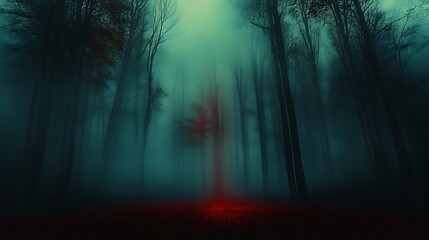 Naklejka premium Foggy, haunted forest, eerie glow