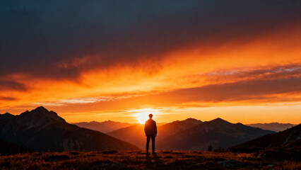 Fototapeta premium a lone figure standing in the foreground facing distant mountains as the sun rises, illuminating the sky and peaks with its golden light, symbolizing hope, new beginnings.Generated by AI