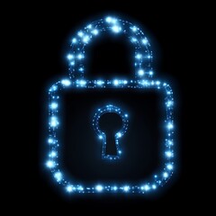 Glowing blue padlock on black background