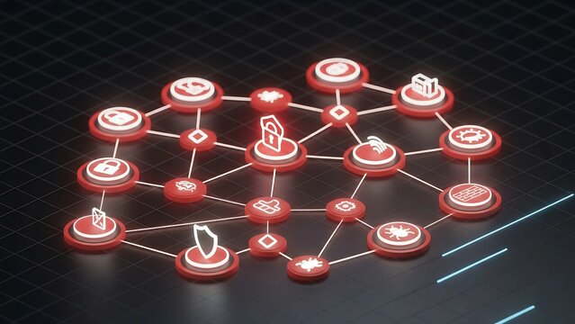A glowing red network of interconnected security icons—including locks, shields, and bugs—symbolizes a complex digital system under threat.