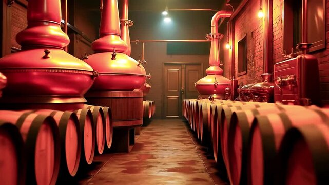Interior of a distillery showcasing copper stills and wooden barrels, highlighting the brewing process