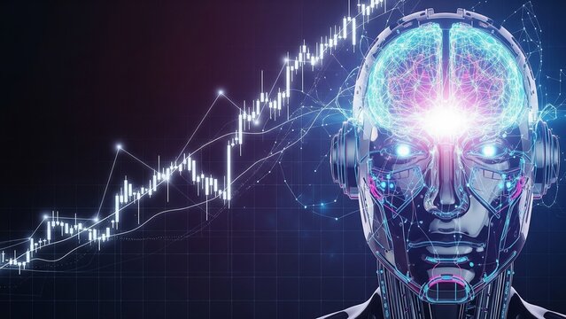 A futuristic AI robot with a glowing brain and eyes connects to a digital candlestick chart, symbolizing the powerful role of AI in financial analysis. - Powered by Adobe