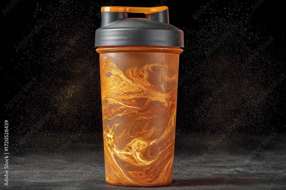 Poster captivating orange marble shaker cup standing boldly against a dark backdrop creating a dynamic visu