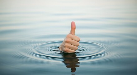 Hand showing thumbs up emerging from calm water surface, positive gesture symbolizing success, approval, encouragement, and motivation in challenging situations