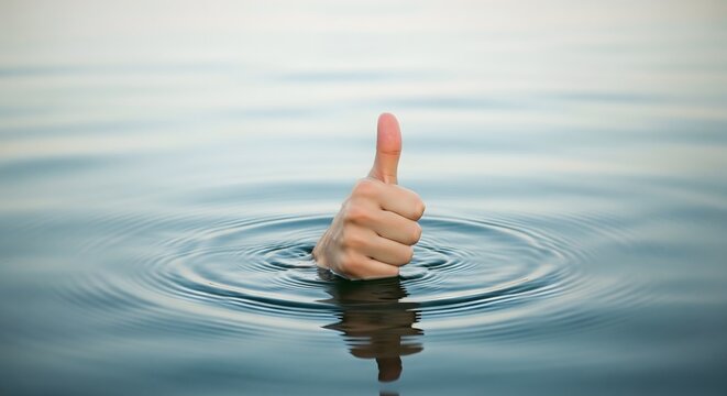 Hand showing thumbs up emerging from calm water surface, positive gesture symbolizing success, approval, encouragement, and motivation in challenging situations