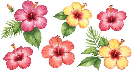 Obraz premium Colorful Hibiscus Flower Arrangement with Watercolor Style on White Background