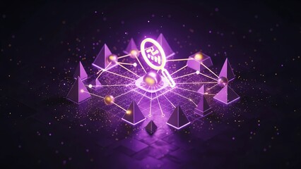 A glowing Binance symbol within a magnifying glass sits at the center of a futuristic, abstract network, surrounded by pyramids and connected nodes in a secure, digital space.