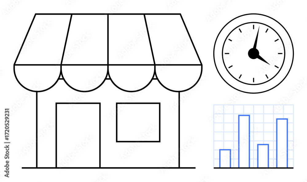 Poster storefront with striped awning, clock face indicating time, and bar chart representing data analytic