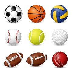 Obraz premium Collection of various sports balls in realistic 3D style, showcasing soccer, basketball, volleyball, baseball, tennis ball, golf ball, American football, and cricket ball.