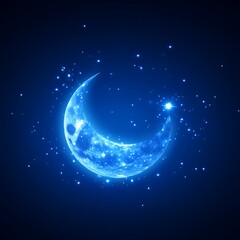 Glowing crescent moon in a deep blue night sky. Sparkling celestial