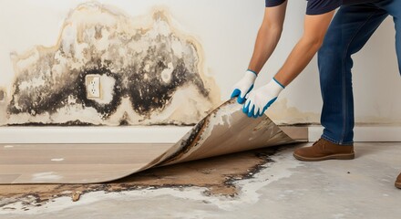 Worker removing damaged flooring with mold and water damage, home repair and renovation concept for restoration and cleaning