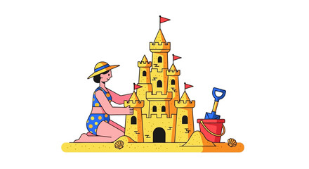 Naklejka premium Woman in a swimsuit building a magnificent sandcastle on a sunny beach with a bucket and shovel.