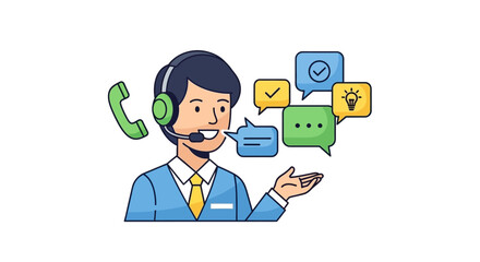 Customer service representative with headset and speech bubbles.