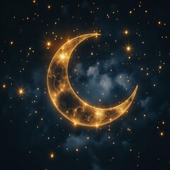 Glowing crescent moon in a starlit night sky