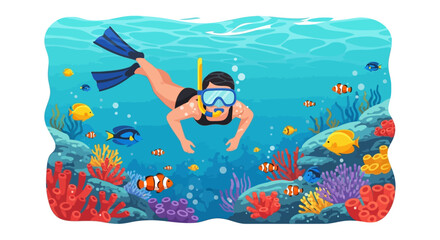 Naklejka premium A person snorkeling in the ocean, surrounded by colorful coral and fish, enjoying underwater exploration.