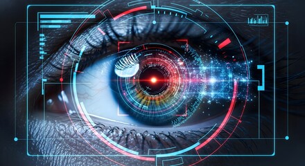 Futuristic digital eye scan with biometric recognition technology, advanced cyber security interface and augmented reality vision system
