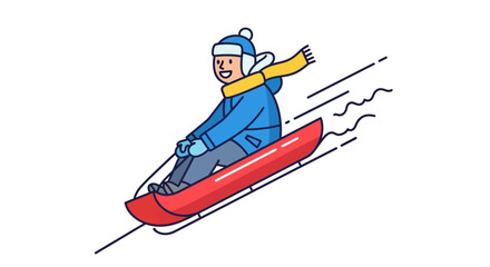 A person in winter clothing is joyfully sledding down a snowy hill, with streaks indicating speed and motion.